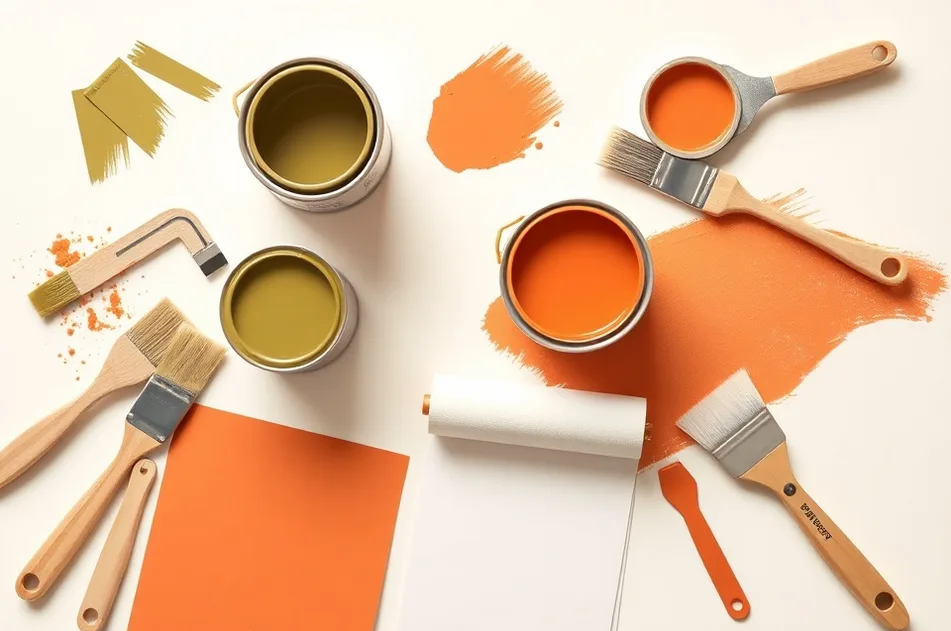 Pots de peinture, nuancier, brosses et rouleaux disposés à plat