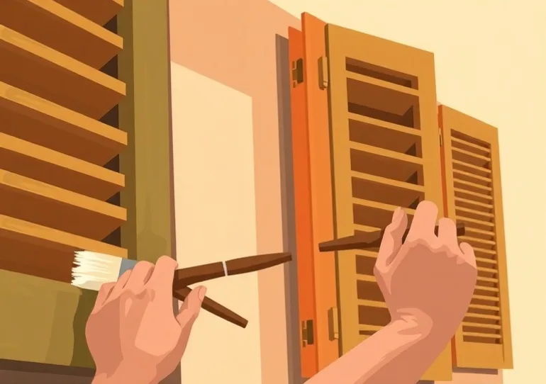 Mise en peinture au pinceau de volets et d'encadrements en bois