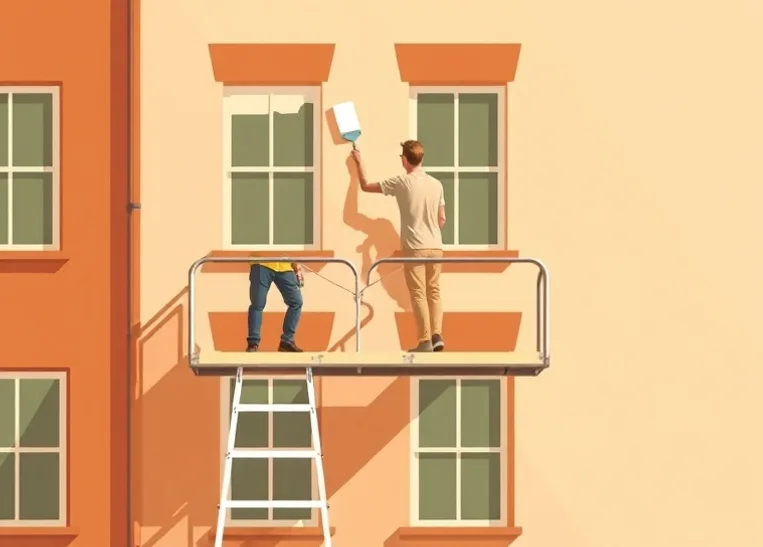 Peintre sur échafaudage traitant la façade d'une maison